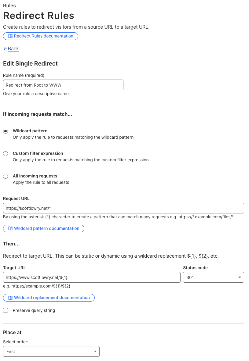 Cloudflare Redirect Rule Config